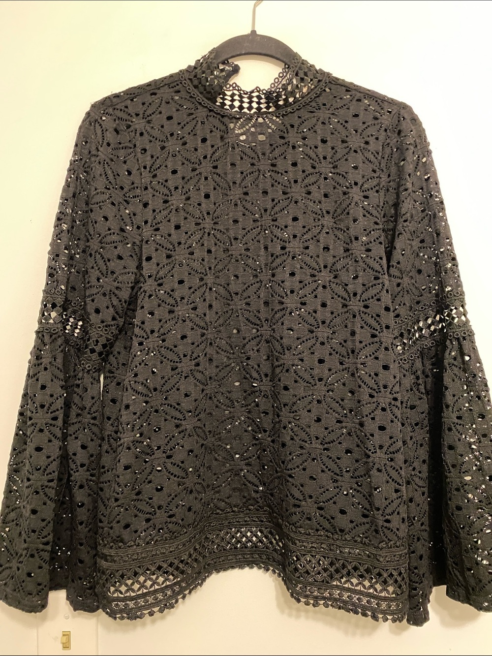 Black Pointelle Crochet Long-Sleeve Top - Elegant Women's Blouse, see photo